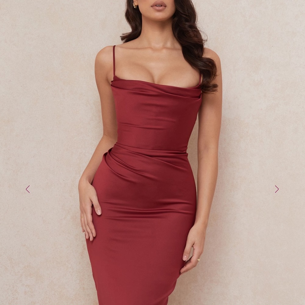 HOUSE OF CB ANJA dress bodycon corset midi spaghetti strap burgundy wine S